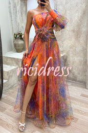 Picturesque Beauty Tulle Floral Pleated One Shoulder Sleeve Slit Maxi Dress