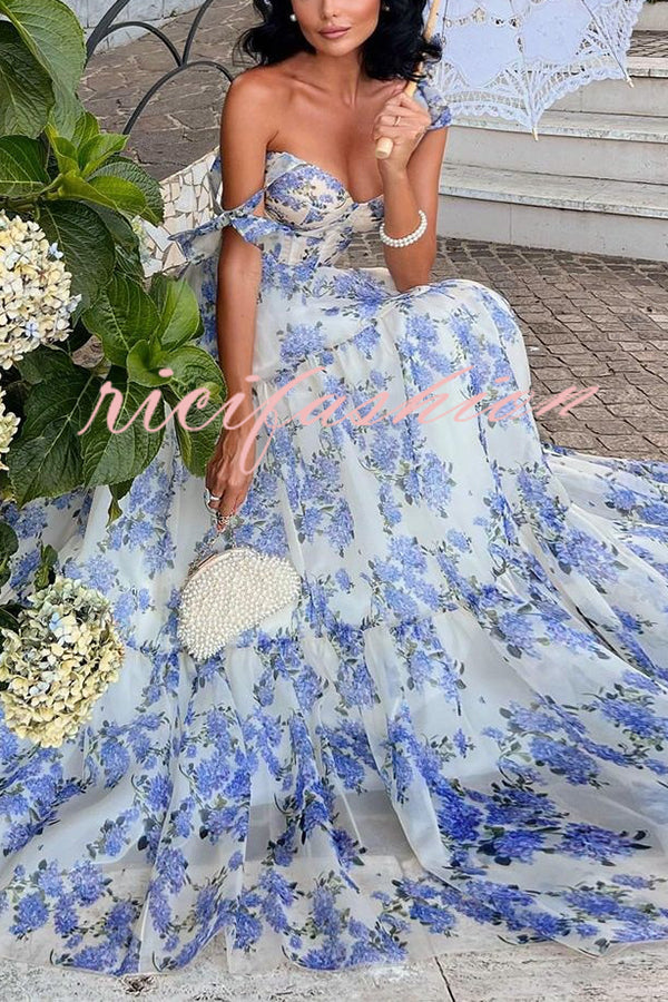 Fairytale Itself Organza Floral Print Tie Strap Maxi Dress