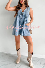 Downtown Daze Denim Pleated Tie-up Pocketed Loose Romper