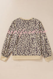 Leopard Print Crew Neck Patchwork Long sleeve Casual Loose Sweatshirt