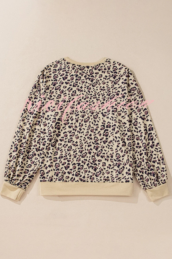 Leopard Print Crew Neck Patchwork Long sleeve Casual Loose Sweatshirt