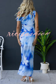 Escala Mesh Overlay Floral Print One Shoulder Cross Detail Slit Stretch Maxi Dress