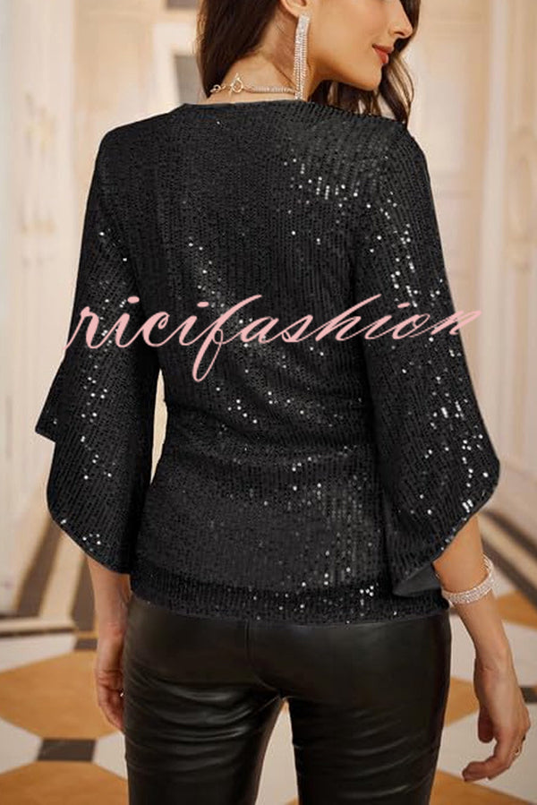 Solid Color Sequined V-neck Hollow Sleeve Slim Fit Top