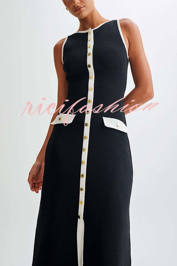 Elegant Slim Fit Crew Neck Buttoned Sleeveless Knit Midi Dress