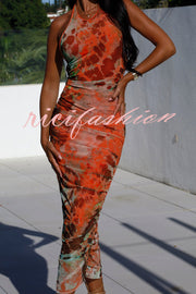 Avalon Mesh Color Splash Ink Print Ruched Halter Stretch Midi Dress