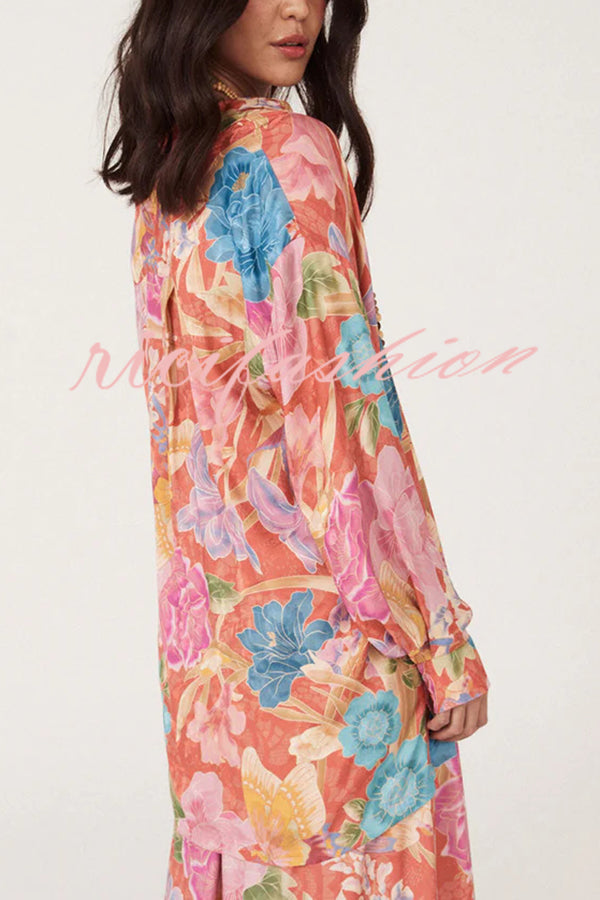 Painter's Garden Boho Floral Print Button Long Sleeve Relaxed Blouse