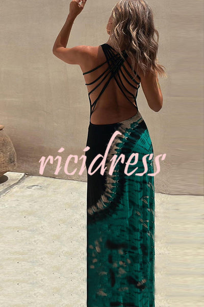 Tie-dye Print Back Lace-up Stretch Maxi Dress