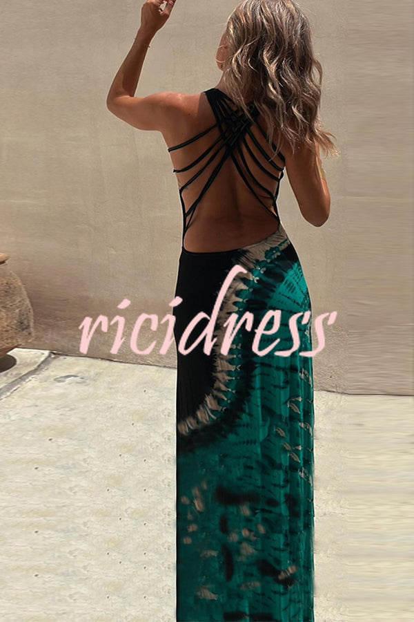 Tie-dye Print Back Lace-up Stretch Maxi Dress