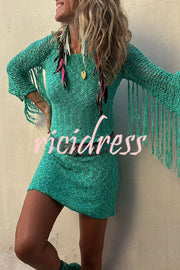 Wandering Angel Boucle Material Tassel Sleeve Stretch Vacation Mini Dress