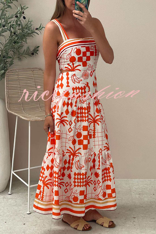 Unique Print Waist Cutout Back Gathered Suspender Maxi Dress