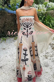 Botanical Print Chiffon Sling Backless Resort Maxi Dress