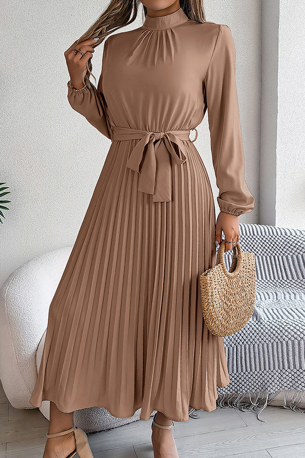 Elegant Stand-collar Long-sleeve Waisted Tie-up Pleated Midi Dress