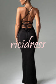 Warm Weather Favorite Knit Crochet Hollow Out Back Lace-up Stretch Maxi Dress