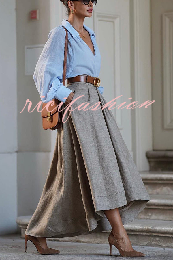 Caught A Vibe Linen Blend Back Elastic Waist Pocketed High Low Maxi Skirt