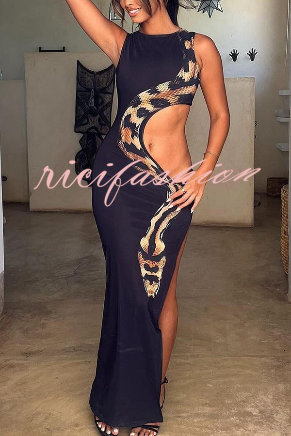 Wild Charm Snake Pattern Cut Out Detail Slit Stretch Maxi Dress