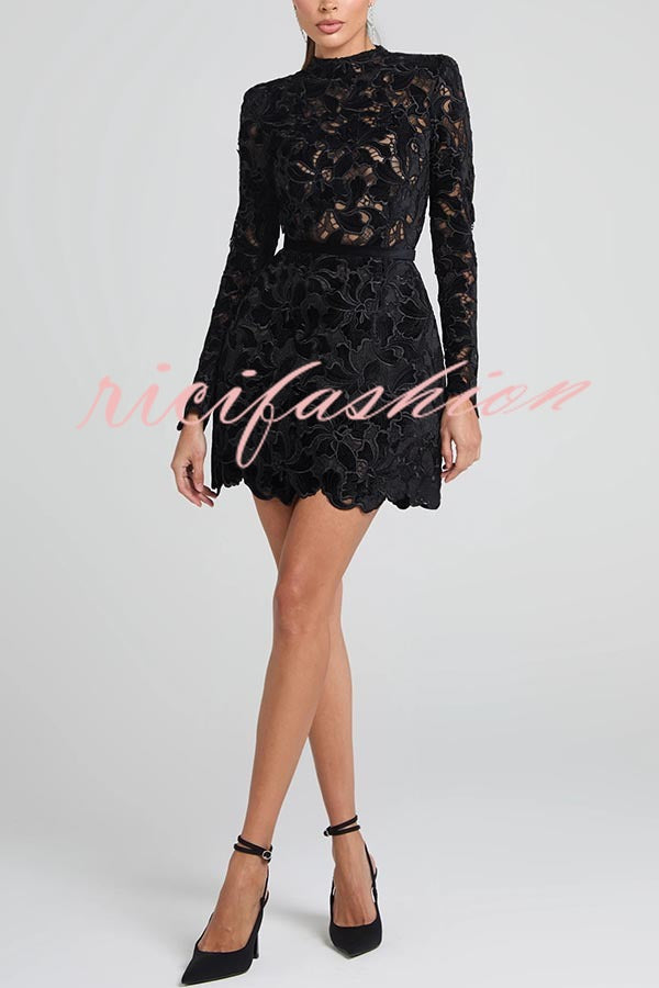 Lydia Embroidered Floral Lace Long Sleeve Belt Tulip Shaped Mini Dress