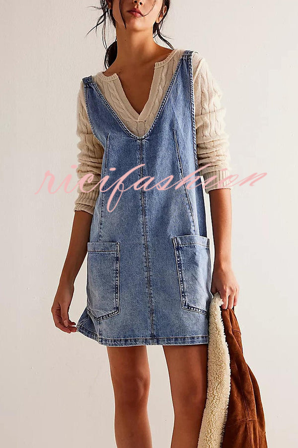 Solid Color Sleeveless V-neck Pocket Adjustable Denim Suspender Mini Dress