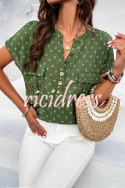 Simple Embroidered V Neck Pocket Button Down Short Sleeved Shirt