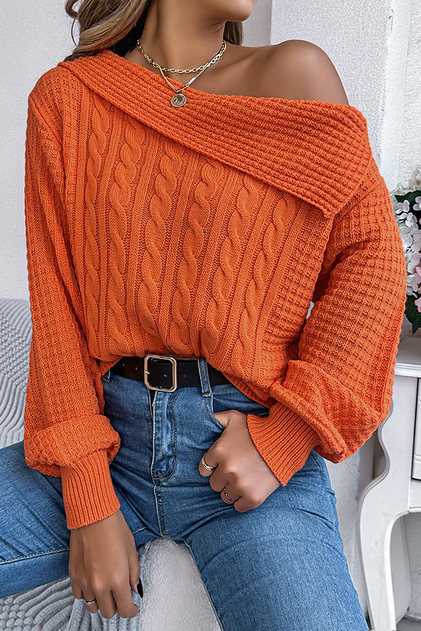 Solid Color Casual One Shoulder Long Sleeve Knitted Sweater