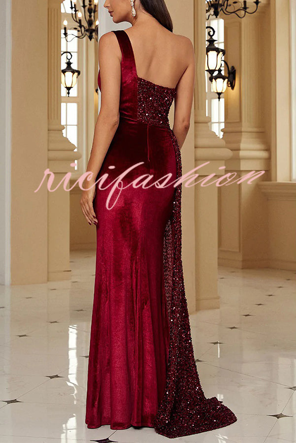 Taylor Sequin Velvet Patchwork One Shoulder Ruched Slit Prom Maxi Dress