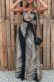 Tropical Palm Leaf Print Cutout Wide Leg Jumpsuit