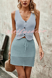 Knitted Vest V-neck Top and Lace-up Hollow Skirt Set