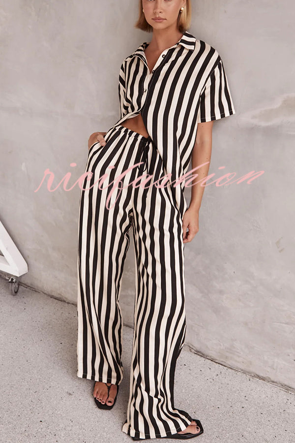 Erika Striped Casual Shirt and Elastic Waist Pocket Wide Leg Pants Set