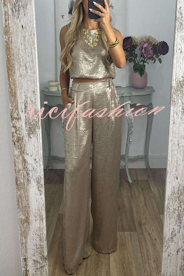 Rita Metallic Fabric Back Buttons Crop Tank and Elastic Waist Pocketed Wide Leg Pants Set