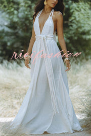 Summer Whispers Linen Blend Draped Braids Deep V-neck Halter Backless Cover Up Maxi Dress