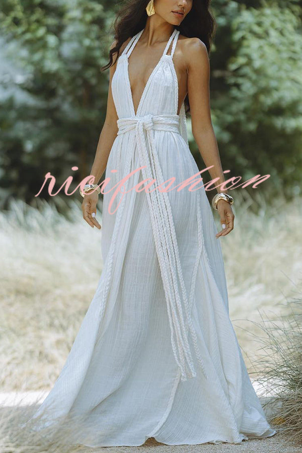 Summer Whispers Linen Blend Draped Braids Deep V-neck Halter Backless Cover Up Maxi Dress