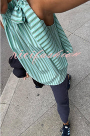 Casual Loose Ruffle Lace-up Collar Sleeveless Striped Top