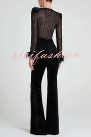 Monique Fish Scale Lace Sequin Velvet Patchwork Feather Trim Belted Stretch Flare Jumpsuit