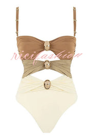 Color Block Patchwork Hollow Metal Decorative Stretch One-piece Swimsuit