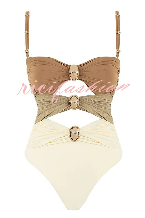 Color Block Patchwork Hollow Metal Decorative Stretch One-piece Swimsuit