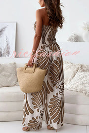 Unique Printed Off-shoulder Pleated Casual Wide-leg Jumpsuit