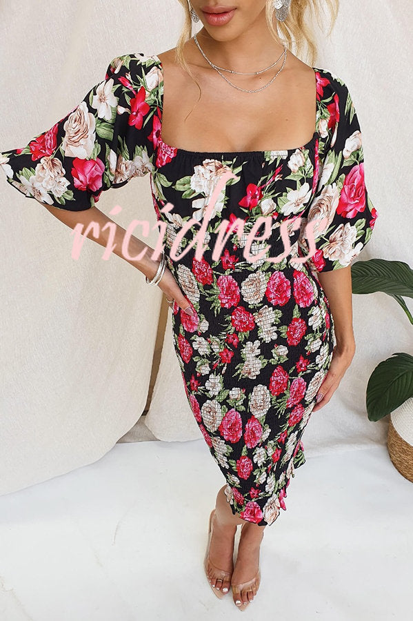 Midnight Beauty Floral Smocked Midi Dress