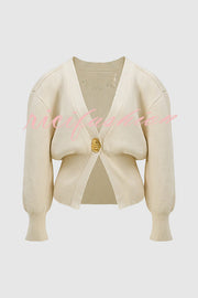 Only Yours Knit Metal Leaf Shape Button Lantern Sleeve Relaxed Cardigan