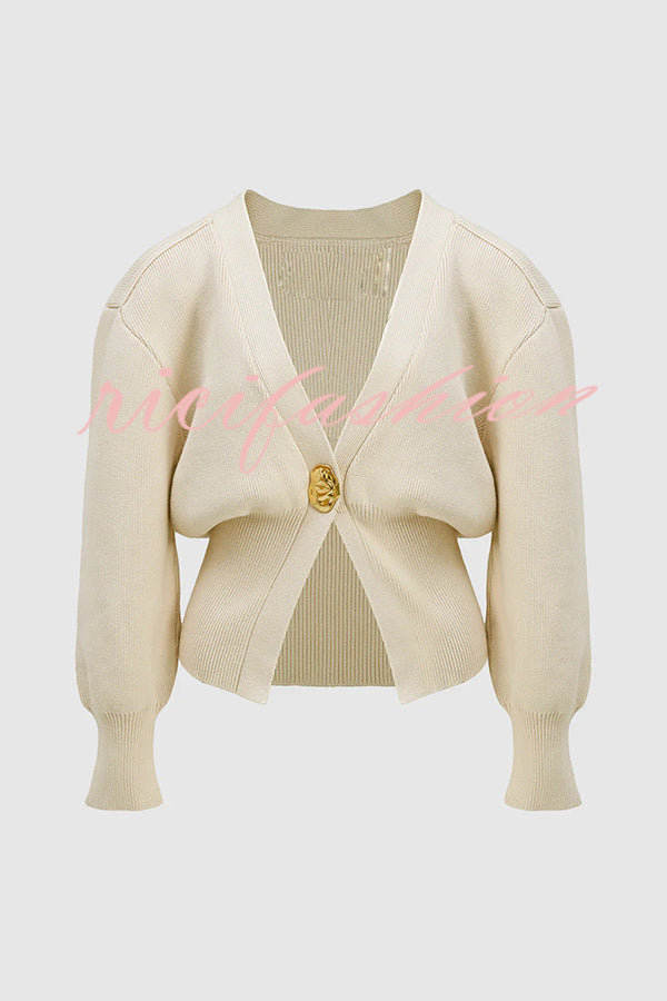 Only Yours Knit Metal Leaf Shape Button Lantern Sleeve Relaxed Cardigan