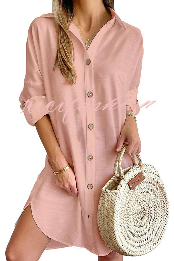 Solid Color Casual Button-Down Shirt Style Mini Dress