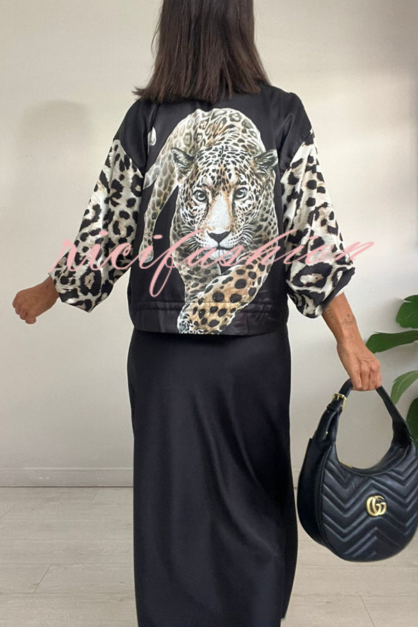 Shiloh Leopard Unique Print Zipper Drawstring Hem Bomber Jacket