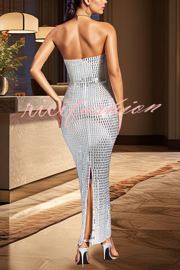 Flash Sculpture Rhinestone Embellished Bandeau Slit Stretch Maxi Dress