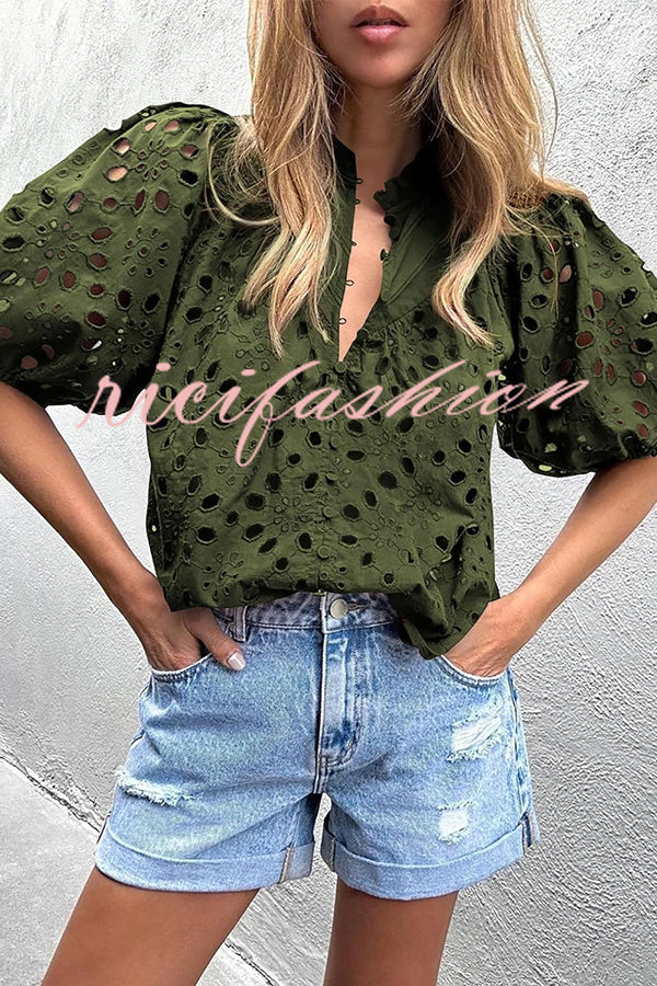 Hollow Embroidered Lace V-neck Buttoned Lantern Sleeve Blouse