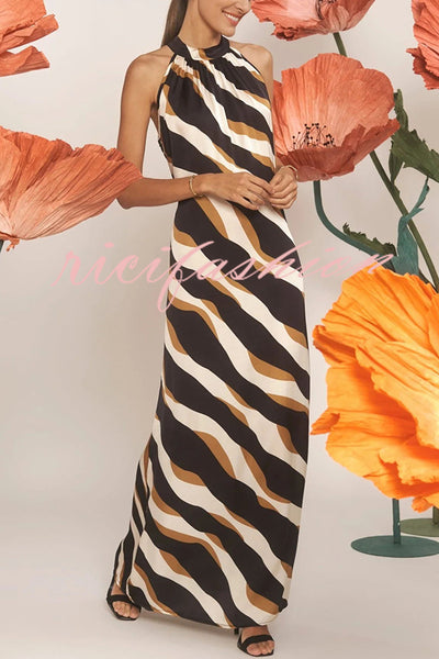 Uptown Cafe Satin Color Block Print Tie-up Neck Maxi Dress