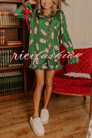 Christmas Dreaming Satin Nutcrackers Print Velvet Trim Elastic Waist Pocketed Pajama Shorts Set