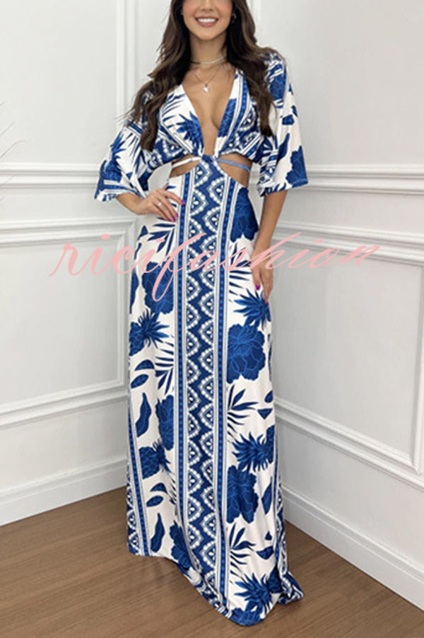 Wilma Unique Print Cutout Elastic Waist Tie-up Kimono Sleeve Maxi Dress