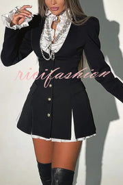 Altair Contrast Ruffled Shirt Patchwork Button Pleated Blazer Mini Dress