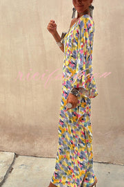 Indio Watercolor Print One Shoulder Drape Sleeve Maxi Dress