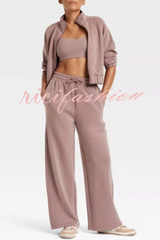 Airy Sleek Full Zip Jacket and High Rise Elastic Waist Pocket Wide Leg Sweatpants Set