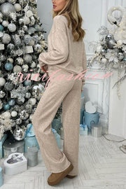 Solid Color Casual Knitted High Neck Long Sleeve Top and Elastic Waist Loose Pants Set