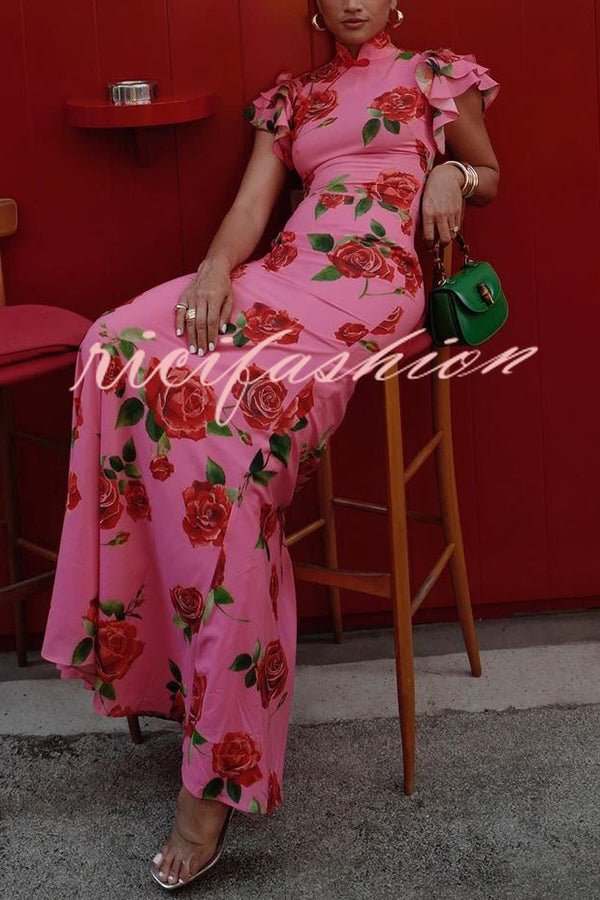 Cheongsam Style Rose Floral Print Tiered Flare Sleeve Stretch Maxi Dress